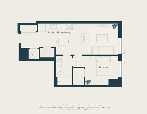 Floor plan for 1 bed, 1 bath, 619 sqft